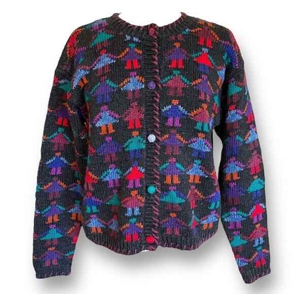 Cullinane Womens Cardigan Vintage 1980s Sz M Charcoal Gray Friends Holding Hands - Picture 2 of 7